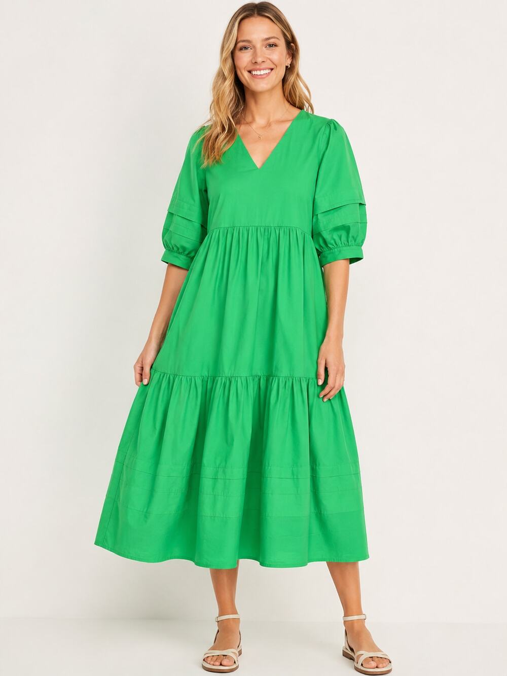 CROSBY by Molly Burch Wylie Poplin Babydoll Midi Dress Kelly Green Size XS